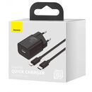 Incarcator retea baseus super si, quick charge 20w, 1 x usb type-c 5v/3a max, include cablu usb type-c la lightning iphone 1m, negru,  Incarcatoare telefoane | electropc.ro
