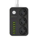 Prelungitor cu protectie serioux, 3 prize schuko, input 100-240v, 50- 60hz, output (total): 2500w - 10a, 6 porturi usb, usb output (total):3.4a, functie auto id, antistatic, buton power/off, lungime cablu 1.6m,negru, srxp-ps36b,  Prelungitoare | electropc.ro