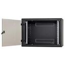 Rack de perete triton sectiune simpla 18u 600mm adancime usa sticla panouri laterale fixe sectiuni ventilatie activa, sectiuni acces cabluri sus/jos/spate securizare cu cheie, 1 pereche montanti reglabili ip30 negru,  Cabinete metalice | electropc.ro