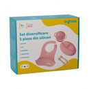 Set diversificare 5 piese silicon : baveta, bol, farfurie, lingurita si furculita, roz, u-grow,  Articole hranire bebelusi | electropc.ro
