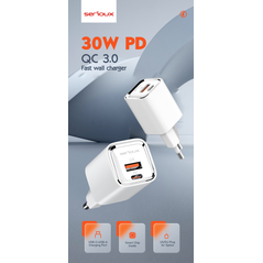 Incarcator retea serioux,intrare ac100-240v~ 50/60hz 0.7a max,pd ieșire: 5v-3a, 9v-3a, 12v-2.5a, 15v 2a, 20v=1.5a (30w), qc ieșire: 5v-3a, 9v-2a, 12v=1.5a (18w), pd+qc=5v=3.6a, total: 30w max, cablu type-c - type c 1m inclus,  Incarcatoare telefoane | electropc.ro
