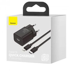 Incarcator retea baseus super si, quick charge 20w, 1 x usb type-c 5v/3a max, include cablu usb type-c la lightning iphone 1m, negru,  Incarcatoare telefoane | electropc.ro