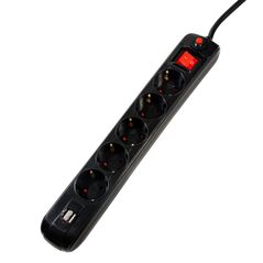 Prelungitor spacer, schuko x 5, conectare prin schuko (t), usb x 2, cablu 1.8 m, 16 a, max. 3500w, protectie supratensiune, negru  PP-5-18B-USB