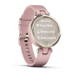 Ceas garmin lily editia sport, display amoled, dimensiune afisaj 34.5 mm, rezolutie afisaj 240 x 201 pixeli, memorie 8gb, autonomie pana la 5 zile, rezistanta la apa pana la 5 atm, greutate: 24g, ramă cream gold cu carcasă dust rose şi curea din silicon,  SmartWatch-uri | electropc.ro
