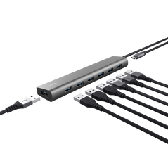 Hub trust halyx , 7 porturi usb 3.2 gen 1, material aluminiu, input usb- c, output usb-a 7, gri,  Hub-uri USB | electropc.ro
