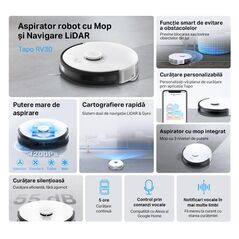 Tp link aspirator robot cu mop și navigare lidar tapo rv30, capacitate acumulator: 5000 mah, reincarcare si reluare, lidar + gyroscope, harta virtuala, inaltime de trecere: 20 mm, putere aspiratie: 4200pa, 4 niveluri, capacitatea recipientului de colectar,  Aspiratoare | electropc.ro