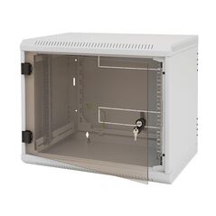 Rack de perete triton seciune simpla 4u 600mm adancime usa sticla panouri laterale fixe sectiuni ventilatie activa, sectiuni acces cabluri sus/jos/spate securizare cu cheie, 1 pereche montanti reglabili ip30 gri,  Cabinete metalice | electropc.ro