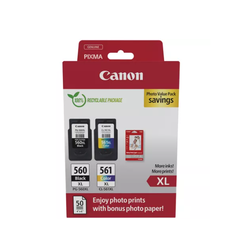 Canon pachet cartuse cearneala canon pg-560xl/cl-561xl photo value pack, capacitate negru: 400 pagini/16ml, color: 300 pagini / 12.2ml, compatibil cu: pixma ts5253, pixma ts5350, pixma ts5351, pixma ts5352, bonus 50 coli hartie foto 10 x 15cm.,  Cartuse cerneala | electropc.ro