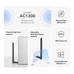 Mercusys adaptor usb dual band high gain ac1300, standarde wireless: ieee 802.11 a/n/ac 5 ghz, ieee 802.11 b/g/n 2.4 gh, rata semnal:  5 ghz 867 mbps, 2.4 ghz 400 mbps, interfata: usb 2.0,  1 antenă externă high gain 5dbi.,  Access point & Range Ext. | electropc.ro