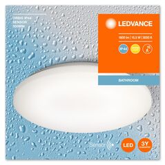 Plafoniera led pentru baie cu senzor de miscare si lumina ledvance orbis 300 , 15.5w, 1600 lm, lumina calda (3000k), ip44, Ø300x83mm, alb, clasa energetica e,  Lampi de interior | electropc.ro