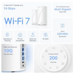 Tp-link deco be85(2-pack) sistem mesh wi-fi 7, be19000, tri-band, standarde wireless: ieee 802.11be/ax 6 ghz, ieee 802.11be/ax/ac/n/a 5 ghz, ieee 802.11be/ax/n/b/g 2.4 ghz, viteze wireless: be19000 6 ghz: 11520 mbps (802.11be), 5 ghz: 5760 mbps (802.11be),  Routere Wireless | electropc.ro