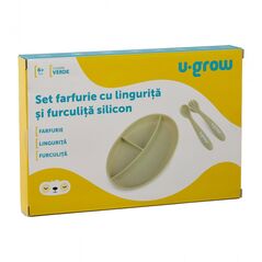Set farfurie cu lingurita si furculita silicon, olive,u-grow,  Articole hranire bebelusi | electropc.ro
