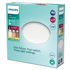 Plafoniera led philips cavanal, 12w, 1200 lm, 3 trepte de intensitate, lumina calda (2700k), ip44, 25cm, alb,  Lampi de interior | electropc.ro