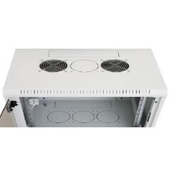 Rack de perete triton sectiune simpla 18u 600mm adancime usa sticla panouri laterale fixe sectiuni ventilatie activa, sectiuni acces cabluri sus/jos/spate securizare cu cheie, 1 pereche montanti reglabili ip30 gri,  Cabinete metalice | electropc.ro