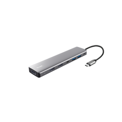 Adaptor trust dalyx 7-in-1, 2 porturi interfata usb-a 3.2 gen 1, 1 port usb-c, 2 porturi hdmi, 1 display port, 1 charging port usb-c 100w, led indicator oprit/pornit, lungime cablu 16cm, gri,  Hub-uri USB | electropc.ro