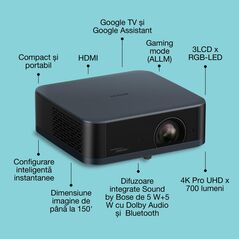 Proiector epson ef-62n metallic navy, 700 lumeni, rezolutie: 4k pro- uhd, aspect ratio: 16:9, contrast: 5.000.000:1, refresh rate: 192 hz - 240 hz, suport hdr, dimensiuni ecran proiectie: 30'-150", distanta proiectie:0.8-4m, interfata: usb 2.0-a, usb 2.0 ,  Videoproiectoare | electropc.ro