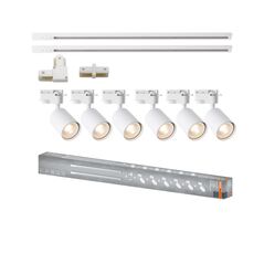 Sistem complet tracklight osram elemental cu 6 proiectoare cu soclu gu10 si 2 sine monofazate de 1 metru, 1 conector liniar, 1 conector tip l, alb,  Iluminat pe sina | electropc.ro