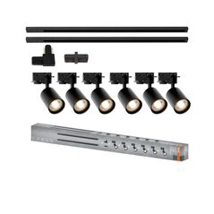 Sistem complet tracklight osram elemental cu 6 proiectoare cu soclu gu10 si 2 sine monofazate de 1 metru, 1 conector liniar, 1 conector tip l, negru,  Iluminat pe sina | electropc.ro