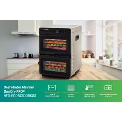 Food dehydrator heinner dualdry pro hfd-kddb1200bkss, 1000-1200w, led display, dual storage with airflow system (fan inside each compartment), 12 stainless steel trays, 2 fruit roll trays, 2 mesh sheets, temperature: 35-80 ℃, timer: 30 min - 48h, see-thro,  Deshidratoare | electropc.ro