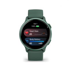 Ceas garmin vívoactive 6 display amoled, dimensiune afisaj 30.4 mm, rezolutie afisaj  390 x 390 pixeli, memorie 8gb, autonomie până la 11 zile (5 zile cu afişajul permanent pornit) rezistanta la apa pana la 5 atm, greutate: 23g, ramă jasper green cu curea,  SmartWatch-uri | electropc.ro