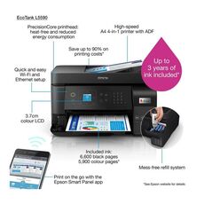 Multifunctional inkjet color ciss epson l5590, (print, copy, scan, fax) dimensiune a4, 4 culori, viteza max  15ppm alb-negru, 8ppm color, rezolutie 1200x2400dpi, alimentare hartie 100 coli + 30 coli adf,  scanner cis, 5ipm, fax: 33.6kbps / approx. 3 sec/p,  Multifunctionale Inkjet | electropc.ro