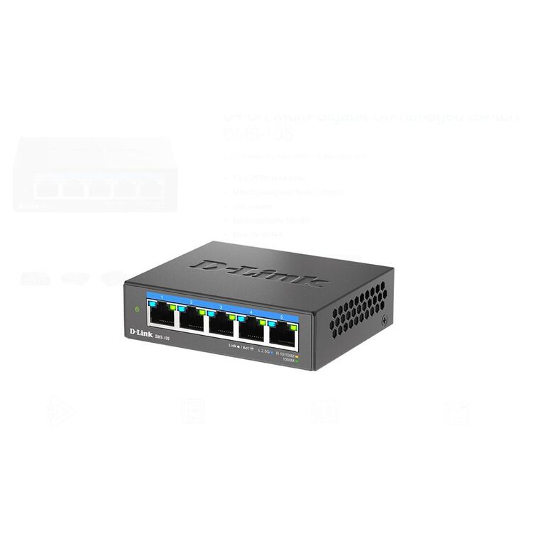 D-link dms-105 unmanaged switch 5 port, interfata: 5 x 10/100mbps/1g/2.5g, auto mdi/mdix, capacitate switch: 25gbps, packet forwarding rate:18.6 mpps, dimensiuni 100.5 x 82 x28mm, greutate: 238.6 g.,  Switch-uri | electropc.ro