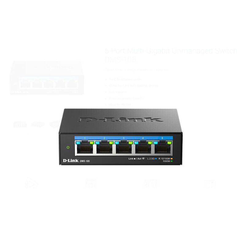D-link dms-105 unmanaged switch 5 port, interfata: 5 x 10/100mbps/1g/2.5g, auto mdi/mdix, capacitate switch: 25gbps, packet forwarding rate:18.6 mpps, dimensiuni 100.5 x 82 x28mm, greutate: 238.6 g.,  Switch-uri | electropc.ro