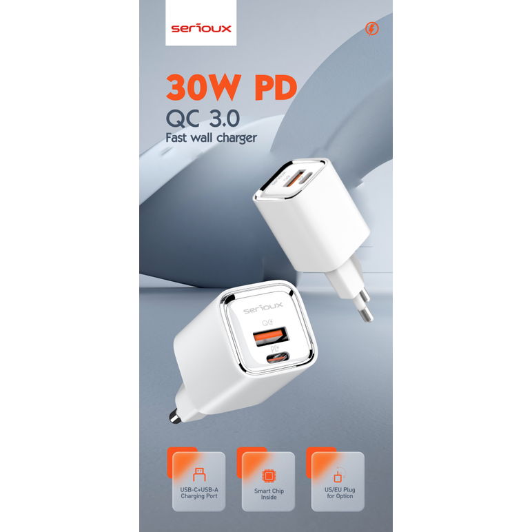 Incarcator retea serioux,intrare ac100-240v~ 50/60hz 0.7a max,pd ieșire: 5v-3a, 9v-3a, 12v-2.5a, 15v 2a, 20v=1.5a (30w), qc ieșire: 5v-3a, 9v-2a, 12v=1.5a (18w), pd+qc=5v=3.6a, total: 30w max, cablu type-c - type c 1m inclus,  Incarcatoare telefoane | electropc.ro