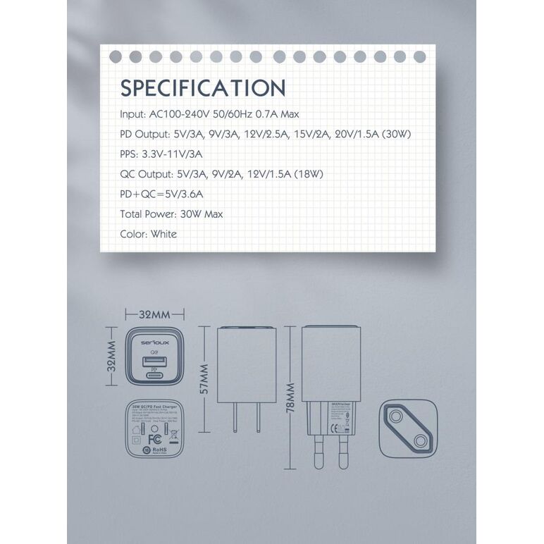 Incarcator retea serioux,intrare ac100-240v~ 50/60hz 0.7a max,pd ieșire: 5v-3a, 9v-3a, 12v-2.5a, 15v 2a, 20v=1.5a (30w), qc ieșire: 5v-3a, 9v-2a, 12v=1.5a (18w), pd+qc=5v=3.6a, total: 30w max, cablu type-c - type c 1m inclus,  Incarcatoare telefoane | electropc.ro