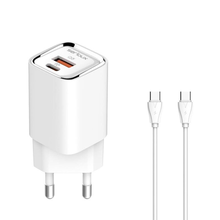 Incarcator retea serioux,intrare ac100-240v~ 50/60hz 0.7a max,pd ieșire: 5v-3a, 9v-3a, 12v-2.5a, 15v 2a, 20v=1.5a (30w), qc ieșire: 5v-3a, 9v-2a, 12v=1.5a (18w), pd+qc=5v=3.6a, total: 30w max, cablu type-c - type c 1m inclus,  Incarcatoare telefoane | electropc.ro