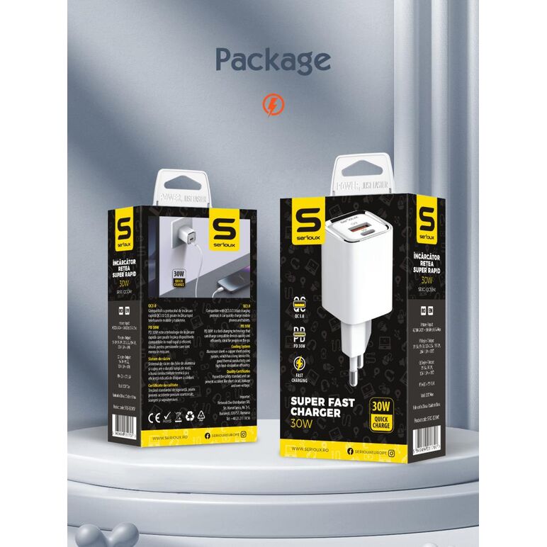 Incarcator retea serioux,intrare ac100-240v~ 50/60hz 0.7a max,pd ieșire: 5v-3a, 9v-3a, 12v-2.5a, 15v 2a, 20v=1.5a (30w), qc ieșire: 5v-3a, 9v-2a, 12v=1.5a (18w), pd+qc=5v=3.6a, total: 30w max, cablu type-c - type c 1m inclus,  Incarcatoare telefoane | electropc.ro