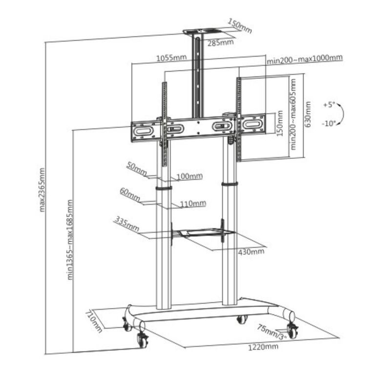 Stand tv mobil serioux tv610tw 60"-100", dimensiuni: 1220x710x2045~ 2365mm, compatibilitate  dimensiune ecran: 60"-100", compatibilitate vesa: 400x400, 600x400, 800x400, 800x600, 900x600, 1000x600, greutate maximă suportata: 100 kg, interval de înclinare:,  Televizoare & accesorii | electropc.ro