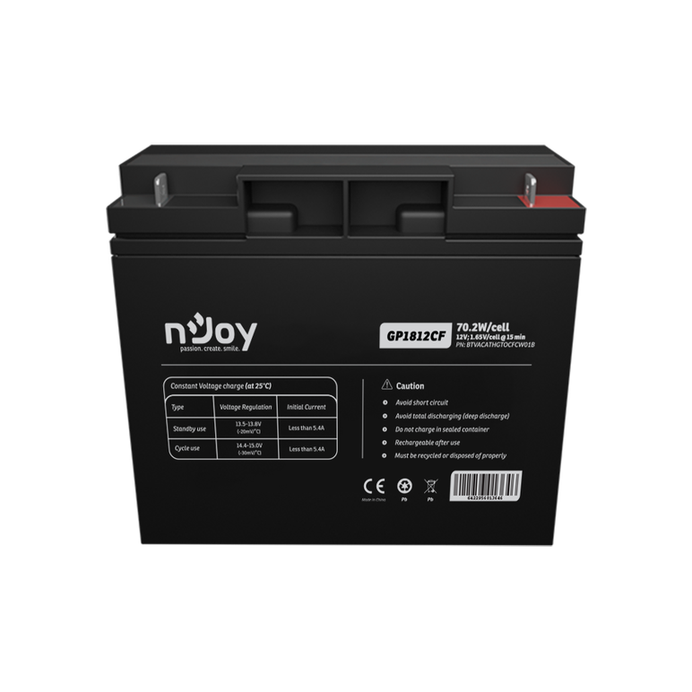 Acumulator njoy gp1812cf 12v 181x77x167mm, cycle use 14.4v- 15.0v max. current 5.4a, float use 13.5v- 13.8v, terminal t3 (m5), power 70.2w/ cell,  Accesorii UPS-uri | electropc.ro