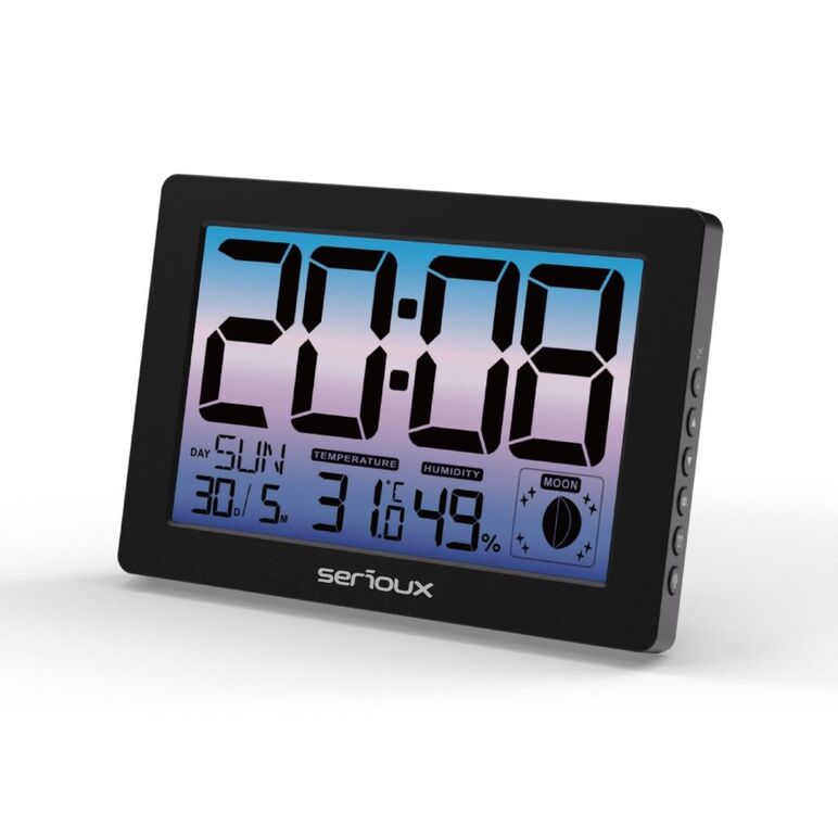 Ceas termometru higometru camera th86145 temperatura interioară, afișare ora, calendar, faza lunii, alarmă specificaȚii: alimentare: adaptor dc 5v 150 ma, baterii: 3x baterii aaa (nu sunt incluse), unitate de temperatură: c&f, interval de afișare a temper,  Periferice Diverse | electropc.ro