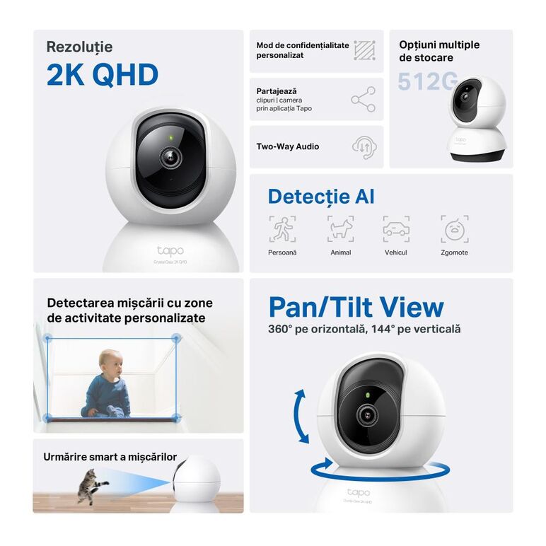 Tp-link tapo c220 camera supraveghere wi-fi pentru interior cu funcție pan/tilt și detectare ai, rezoluție: 2k 4mp qhd （2560 * 1440 px）, lentile: distanță focală: 4.0mm, f/no: 2.0, pan/tilt range:360° pe orizontală, 114° pe verticală, frame rate: 2560×144,  Camere supraveghere IP | electropc.ro