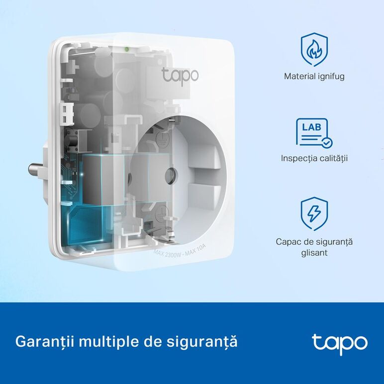 Tp-link tapo p100m mini priză wi-fi smart, compatibilă cu matter, wifi protocol: ieee 802.11b/g/n, bluetooth, 2.4ghz, dimensiuni: 72 × 51 × 40 mm, cerinte de alimentare: 100-240v~, incarcare maxima: 2,300w, 10a.,  Smart home | electropc.ro