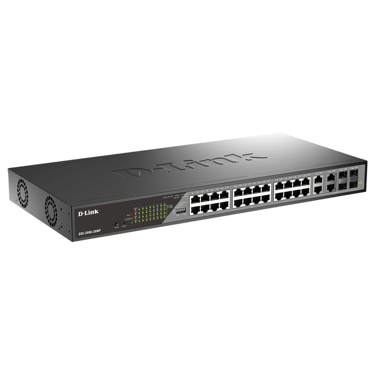 D-link switch dss-200g-28mp,24 x 10/100/1000 mbps poe, 4 x combo 1000 mbps, switching capacity:56 gbps, forwarding rate: 41.67 mpps, buget poe: 370 w ; 30 w/port, consum maxim: 425.9 w (poe on) ; 25.5 w (poe off), dimensiuni: 440 x 208 x 44 mm, greutate: ,  Switch-uri | electropc.ro
