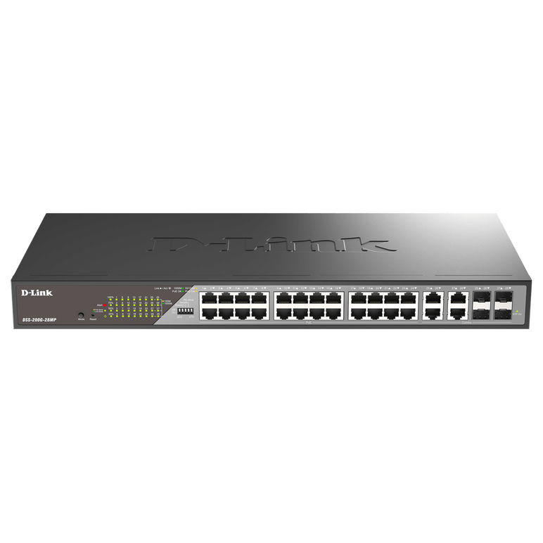D-link switch dss-200g-28mp,24 x 10/100/1000 mbps poe, 4 x combo 1000 mbps, switching capacity:56 gbps, forwarding rate: 41.67 mpps, buget poe: 370 w ; 30 w/port, consum maxim: 425.9 w (poe on) ; 25.5 w (poe off), dimensiuni: 440 x 208 x 44 mm, greutate: ,  Switch-uri | electropc.ro