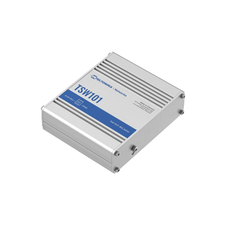 Teltonika automotive 5port poe+ switch tsw101, interfata: 5 x eth ports, 10/100/1000 mbps, supports auto mdi/mdix crossover, standarde retea: 802.3i, 802.3u, 802.3ab, 802.3x, 802.3az, 802.3ad, porturi poe: 1-4, buget poe: 60w, lungime cablu max: 100m, lat,  Switch-uri | electropc.ro