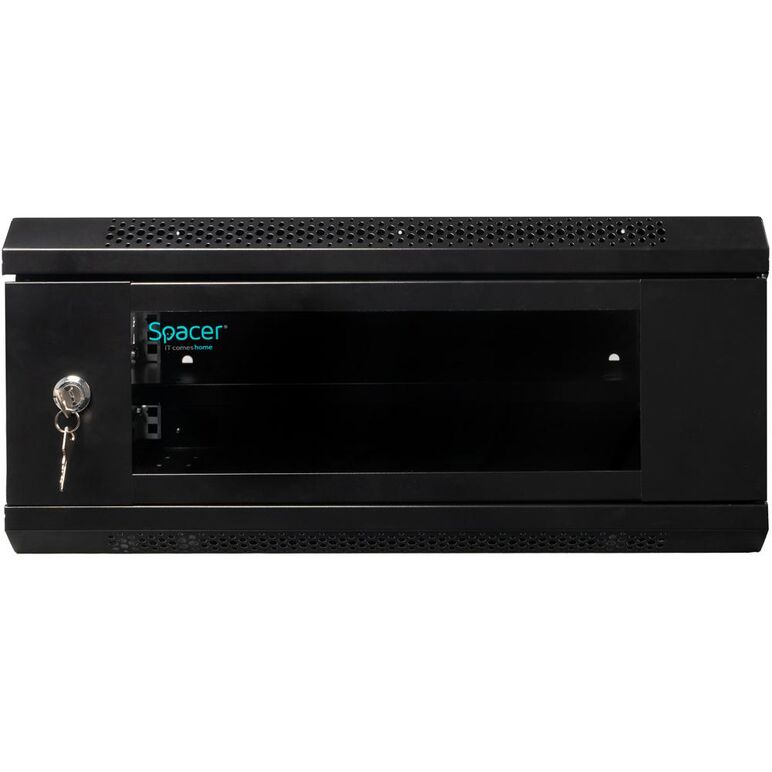 Cabinet 19″ spacer 4u 500x400mm, fixare pe perete, flatpack (dezasamblat), black, usa sticla cu blocare, panouri detasabile, otel 1mm, sarcina maxima 25kg,  Cabinete metalice | electropc.ro
