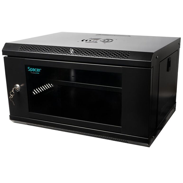 Cabinet 19″ spacer 6u 500x400mm, fixare pe perete, flatpack (dezasamblat), black, usa sticla cu blocare, panouri detasabile, otel 1mm, sarcina maxima 25kg,  Cabinete metalice | electropc.ro