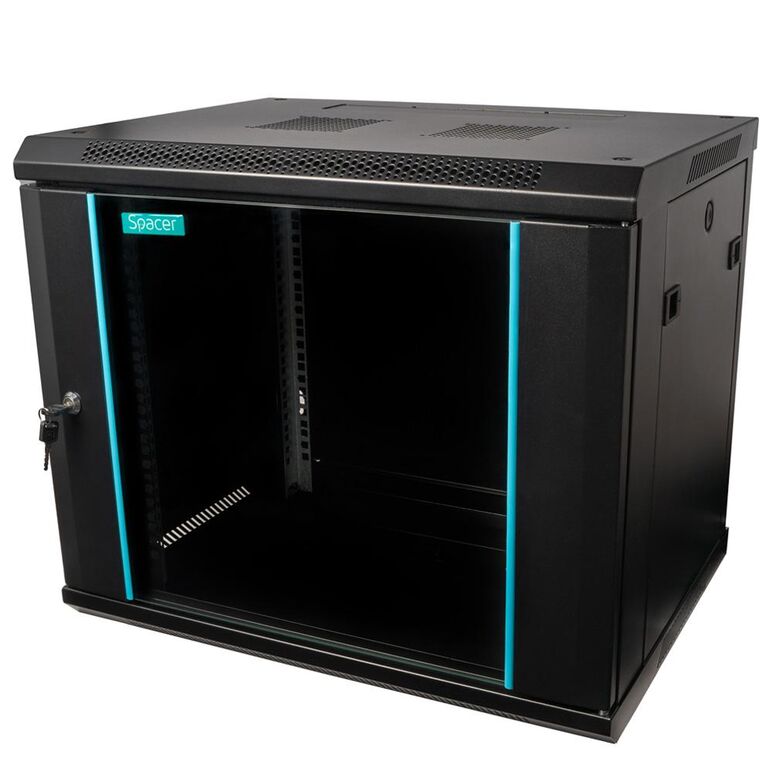 Cabinet 19″ spacer 9u 600x450mm, fixare pe perete, flatpack (dezasamblat), black, usa sticla cu blocare, panouri detasabile, otel 1.5mm, sarcina maxima 60kg,  Cabinete metalice | electropc.ro