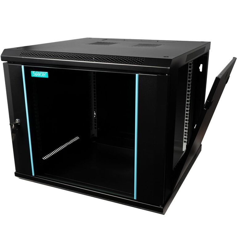 Cabinet 19″ spacer 9u 600x600mm, fixare pe perete, flatpack (dezasamblat), black, usa sticla cu blocare, panouri detasabile, otel 1.5mm, sarcina maxima 60kg,  Cabinete metalice | electropc.ro