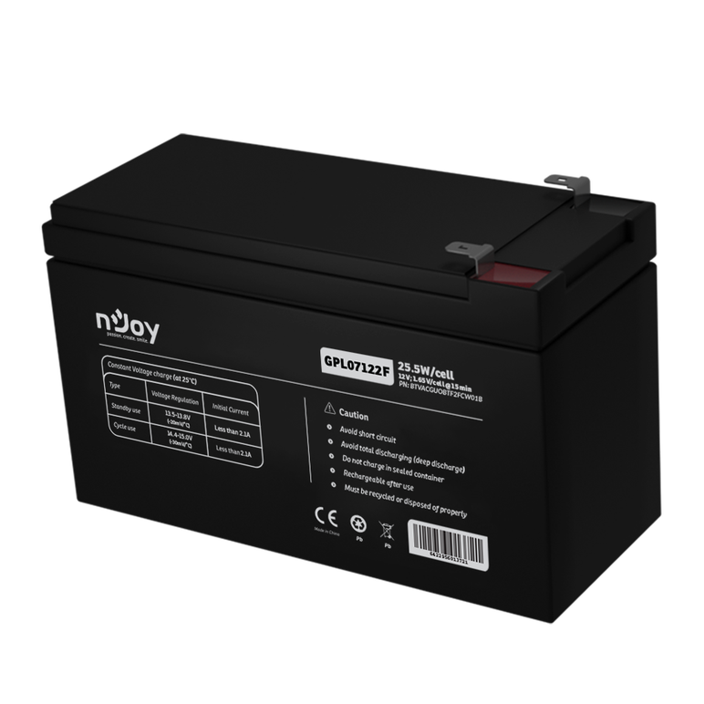 Acumulator njoy gpl07122f 12v 22.72w/cell, capacitate 22.72w/cell evaluat la 1,65v/cell@15 min), tensiune 12v, tip vrla - fara mentenanta, caracteristici: sigilata complet si fara intretinere, peste 260 de cicluri la 100% dod, utilizare standard 5-8 ani, ,  Accesorii UPS-uri | electropc.ro