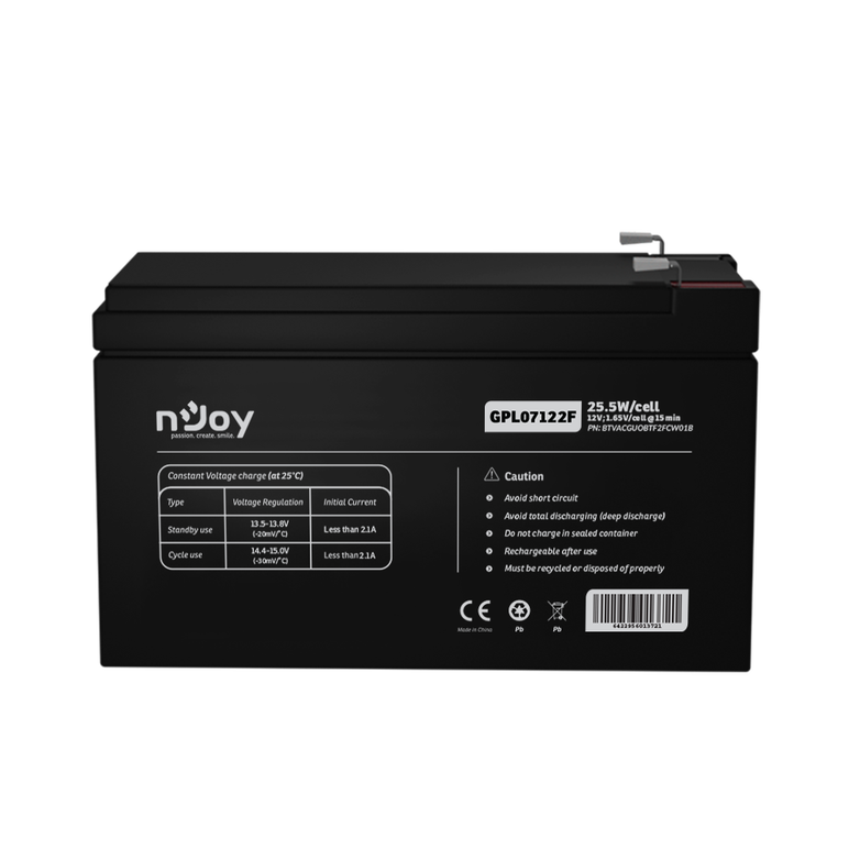 Acumulator njoy gpl07122f 12v 22.72w/cell, capacitate 22.72w/cell evaluat la 1,65v/cell@15 min), tensiune 12v, tip vrla - fara mentenanta, caracteristici: sigilata complet si fara intretinere, peste 260 de cicluri la 100% dod, utilizare standard 5-8 ani, ,  Accesorii UPS-uri | electropc.ro