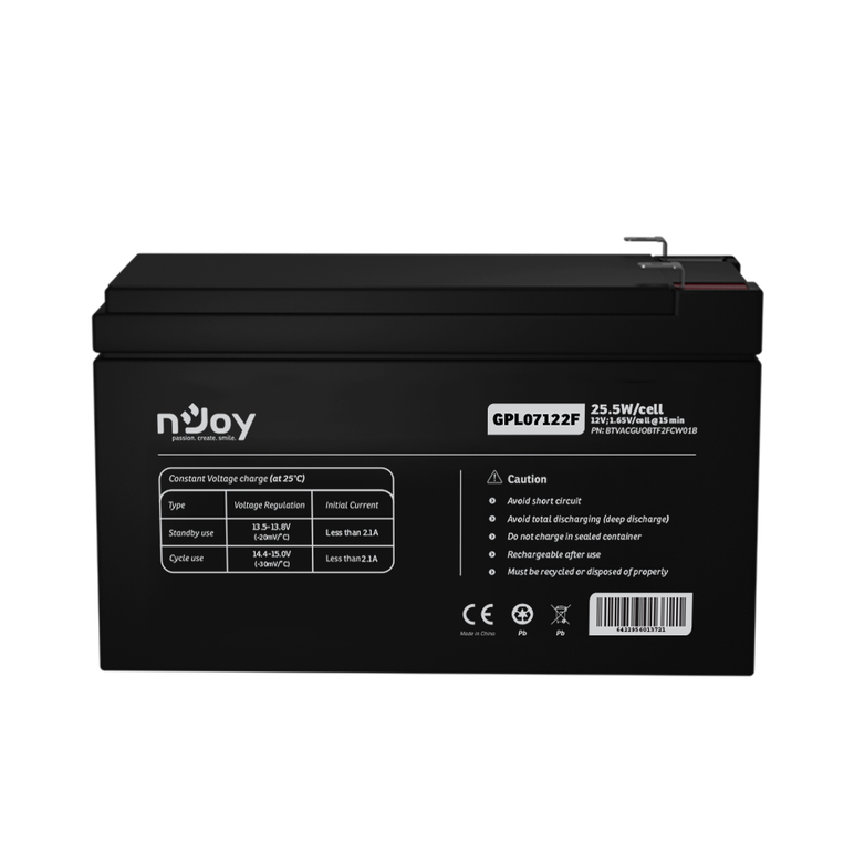 Acumulator njoy gpl07122f 12v 22.72w/cell, capacitate 22.72w/cell evaluat la 1,65v/cell@15 min), tensiune 12v, tip vrla - fara mentenanta, caracteristici: sigilata complet si fara intretinere, peste 260 de cicluri la 100% dod, utilizare standard 5-8 ani, ,  Accesorii UPS-uri | electropc.ro