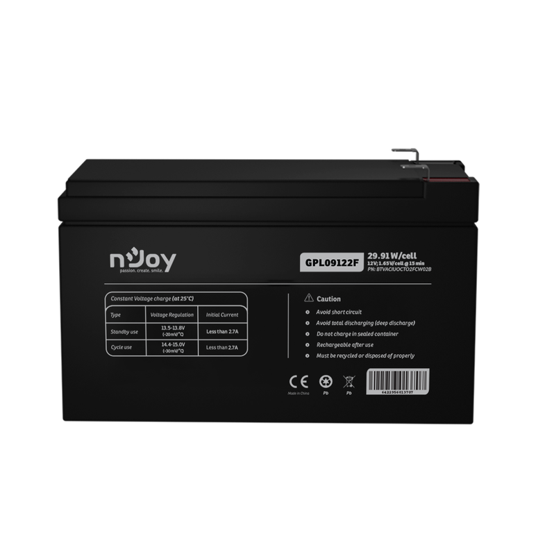 Acumulator njoy gpl09122f 12v 30.55w/cell, capacitate 30.55w/cell evaluat la 1,65v/cell@15 min, tensiune 12v, tip vrla - fara mentenanta, caracteristici: sigilata complet si fara intretinere, peste 260 de cicluri la 100% dod, utilizare standard 5-8 ani, a,  Accesorii UPS-uri | electropc.ro