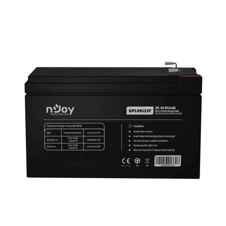 Acumulator njoy gpl09122f 12v 30.55w/cell, capacitate 30.55w/cell evaluat la 1,65v/cell@15 min, tensiune 12v, tip vrla - fara mentenanta, caracteristici: sigilata complet si fara intretinere, peste 260 de cicluri la 100% dod, utilizare standard 5-8 ani, a,  Accesorii UPS-uri | electropc.ro
