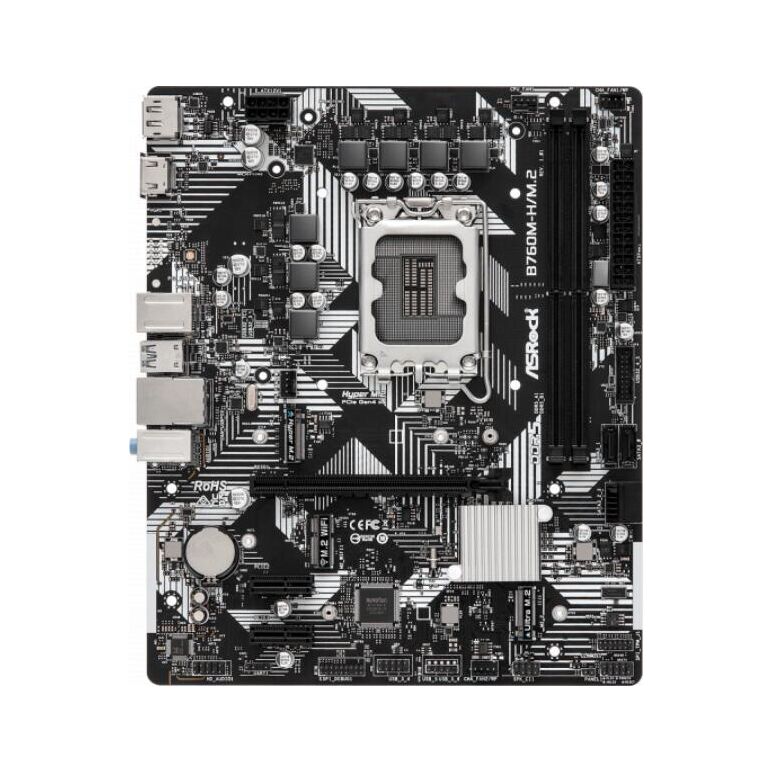 Asrock b760m-h/m.2, cpu supports 13th gen & 12th gen and next gen intel® core™ processors (lga1700), chipset intel® b760, memory dual channel ddr5 memory technology, 2 x ddr5 dimm slots, cpu 1 x hyper m.2 socket (m2_1, key m), supports type 2260/2280 pcie,  Placi de baza | electropc.ro
