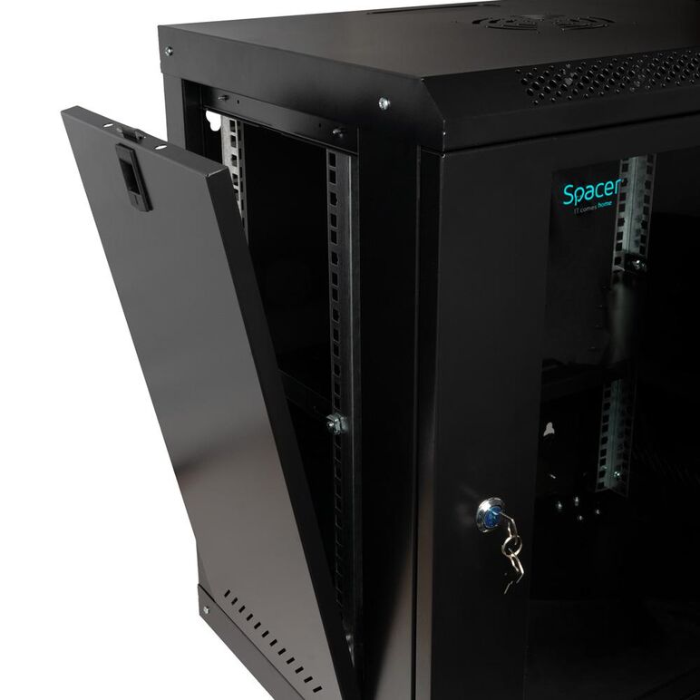 Cabinet 19″ spacer 12u 500x450mm, fixare pe perete, flatpack (dezasamblat), black, usa sticla cu blocare, panouri detasabile, otel 1mm, sarcina maxima 25kg,  Cabinete metalice | electropc.ro